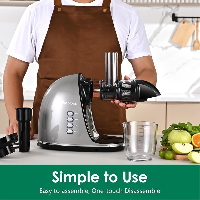 BRECIOUS Slow Masticating Juicer, Cold Press Juicers with 2 Speed Modes & Quiet Motor,Juicers Machines Vegetable and Fruit with Reverse Function,Celery Juicer,BPA-Free,Easy to Clean (Silver) - Image 4